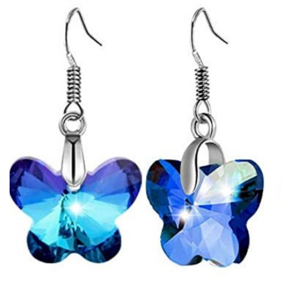 Blue Butterfly Earrings Dangle Crystal Cut Earrings Butterflies Silver Prisim - Picture 1 of 7